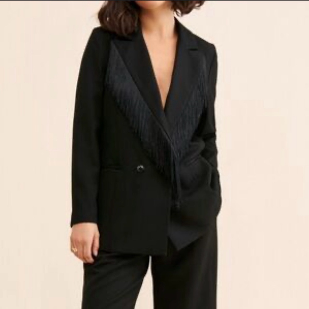Anthropologie / Hutch Black Double Breasted Fringe Blazer